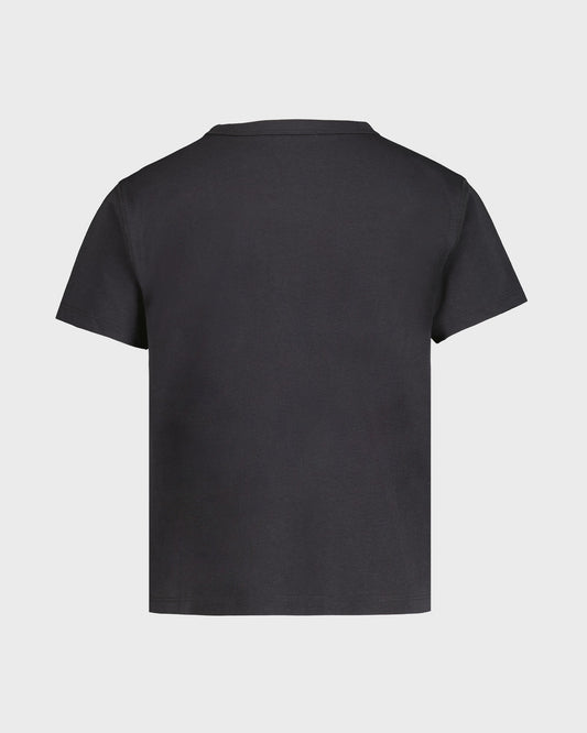 Black t-shirt with Porsche car graphics on a white background