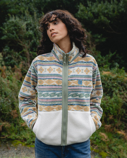 White and multicolored striped sherpa fleece jacket with mock neck and full-length zip.
