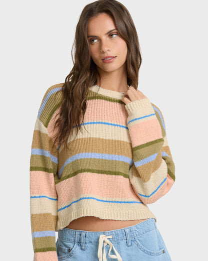 Light peach knit sweater with horizontal stripes in cream, blue, tan, and olive green.