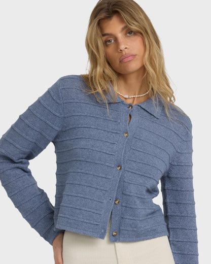 Stone blue knit cardigan with horizontal ribbed texture and button front closure.