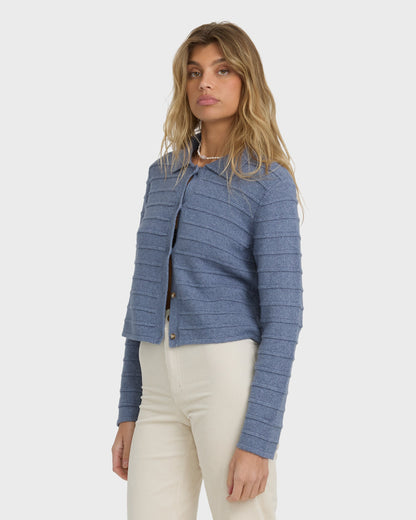 Stone blue ribbed button-front sweater with collar, cropped length.
