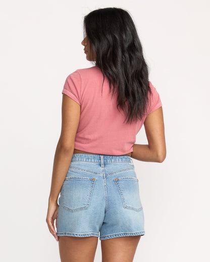 Light wash denim shorts with five-pocket styling and a mid-rise waistband, shown from the back.