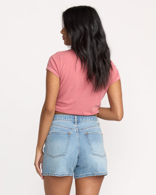 Light wash denim shorts with five-pocket styling and a mid-rise waistband, shown from the back.