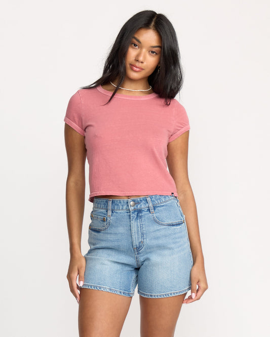 Light blue denim shorts with shaded wash, five-pocket styling, and frayed hem.