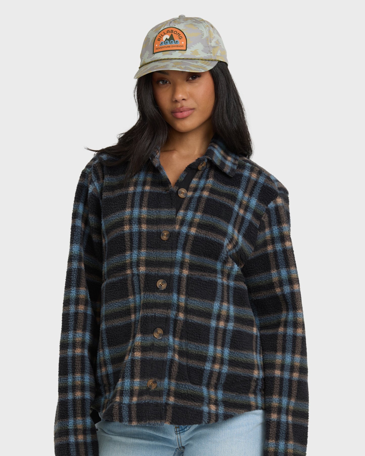 Black and blue plaid sherpa shacket with button front and collar.