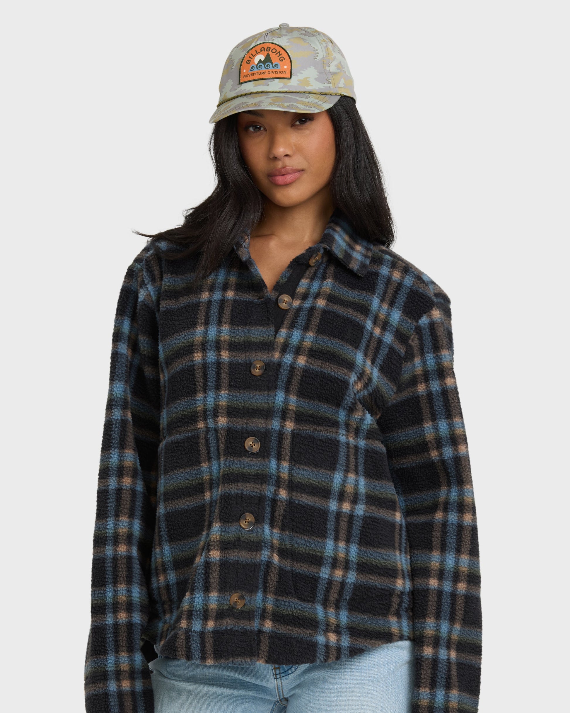 Black and blue plaid sherpa shacket with button front and collar.