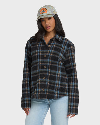 Black and blue plaid sherpa shacket with button front and long sleeves.
