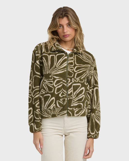 Martini olive sherpa fleece jacket with cream abstract leaf pattern and front zip closure.