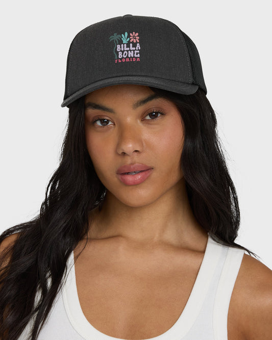Black trucker hat with mesh back panel and floral embroidered "Billabong Florida" graphic on front.