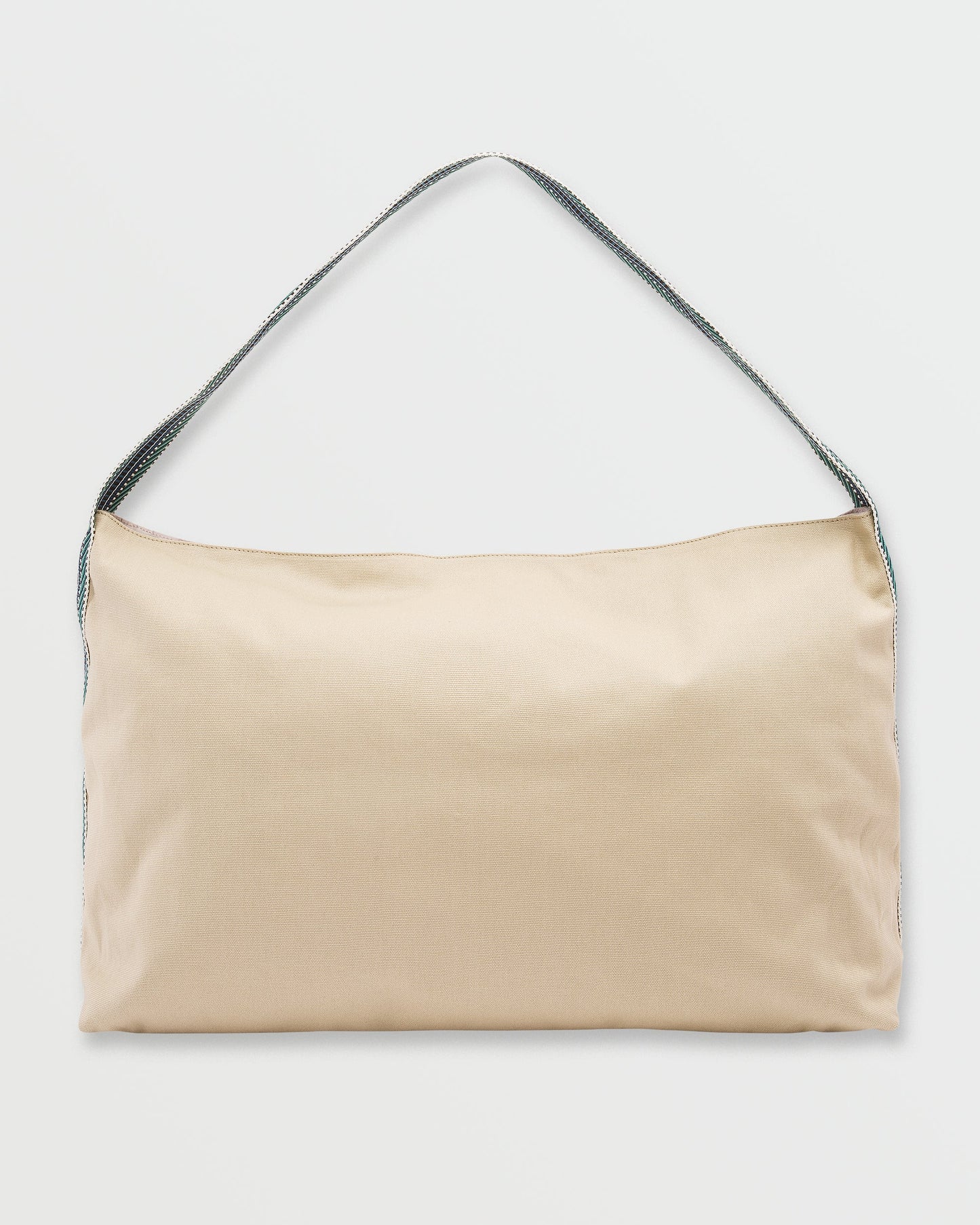 Cream-colored shoulder bag with gray woven handles and structured rectangular silhouette.