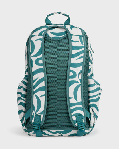 Evergreen backpack with white and teal abstract pattern, padded straps, and mesh back panel.