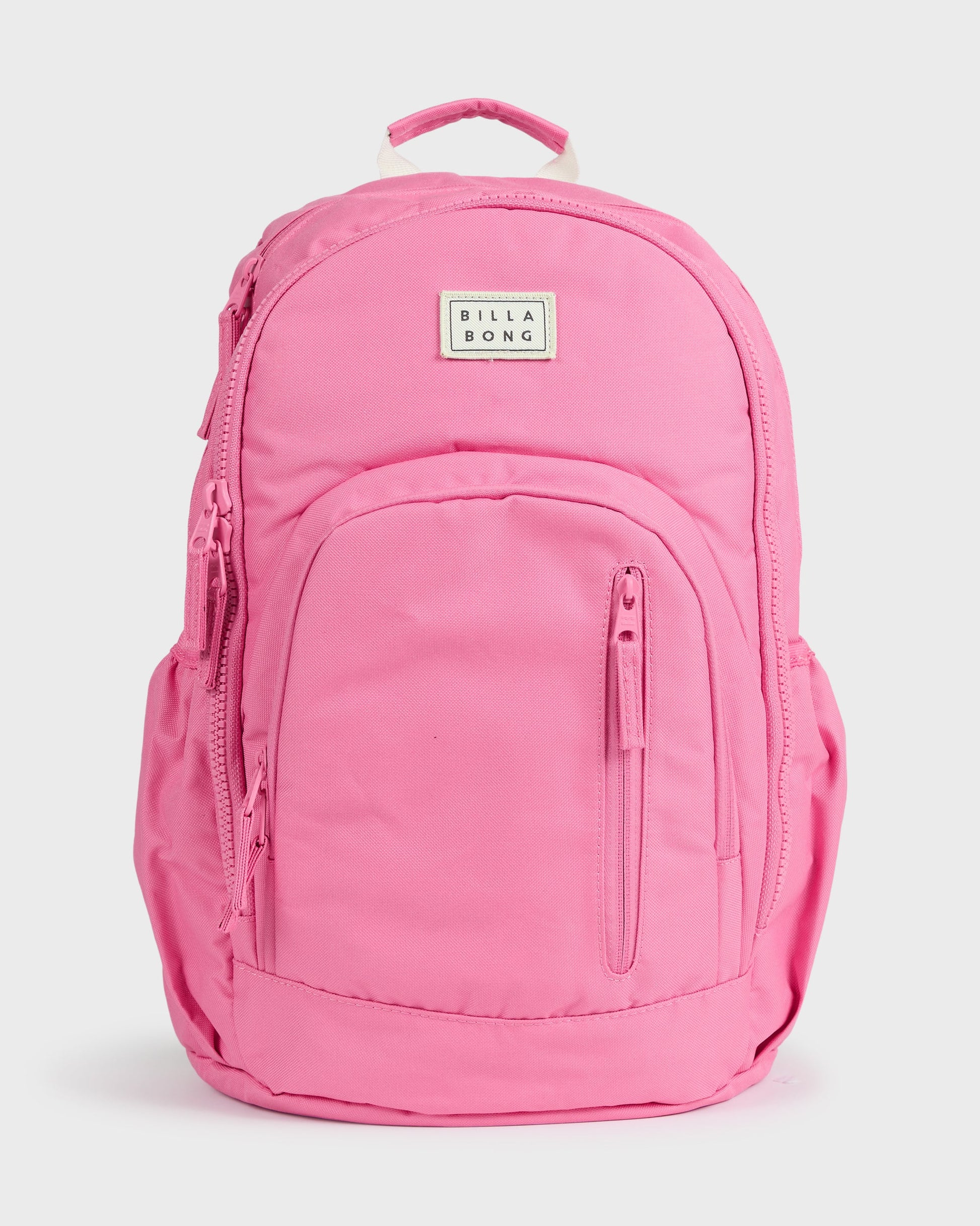 Pink backpack with padded straps, front zip pocket, and Billabong brand label.