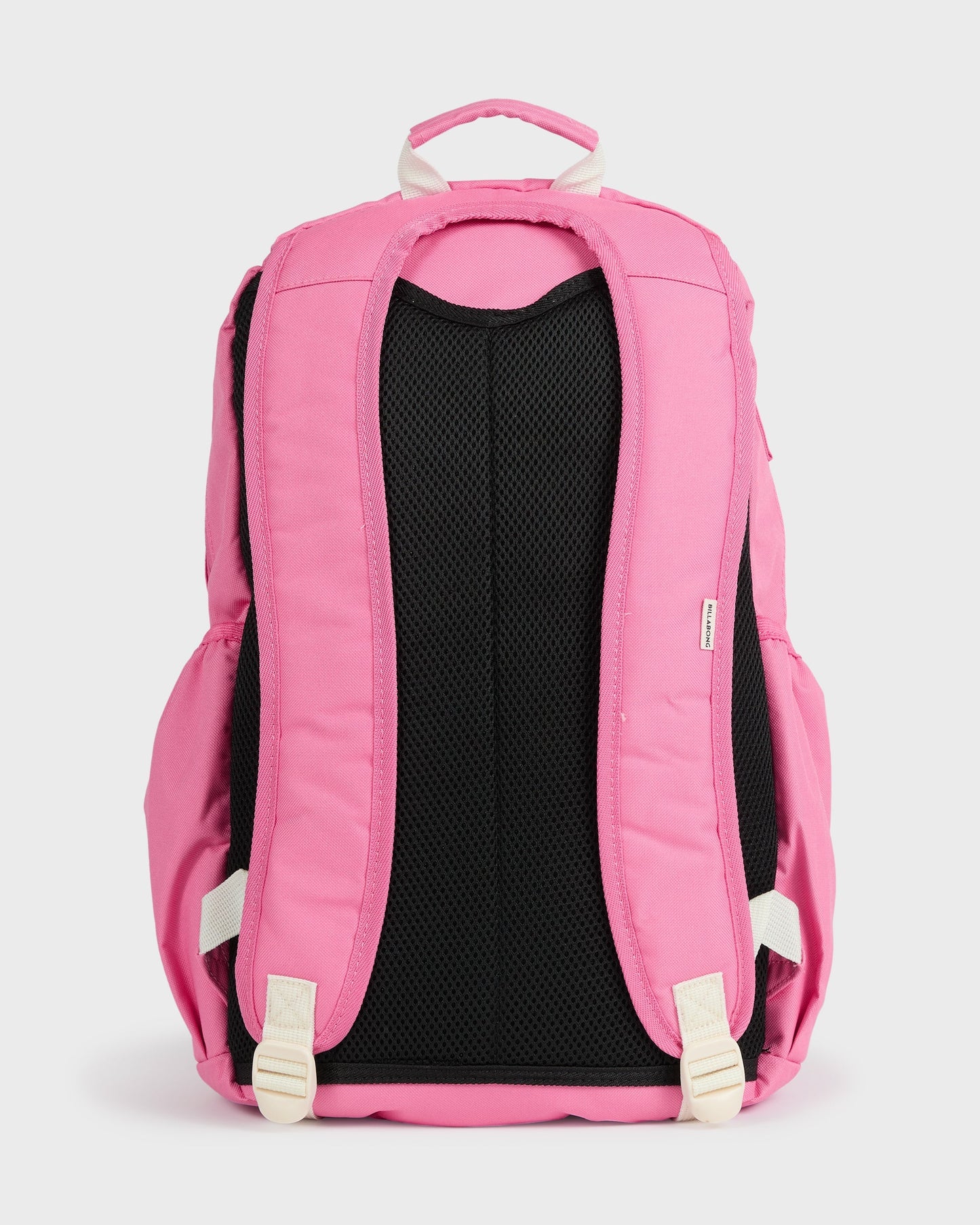 Pink backpack with black mesh back panel, white padded shoulder straps, and top carry handle.