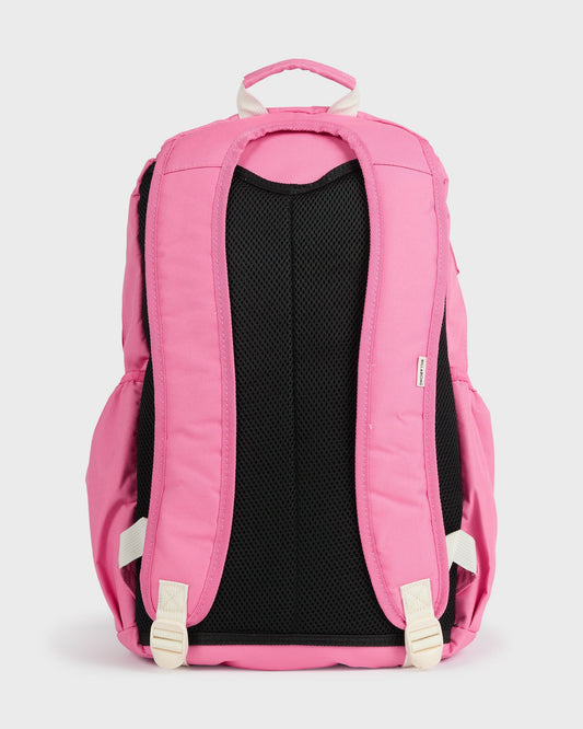 Pink backpack with black mesh back panel, white padded shoulder straps, and top carry handle.