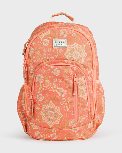 Coral backpack with floral and geometric pattern, front zippered pocket, padded straps, and Billabong logo patch.
