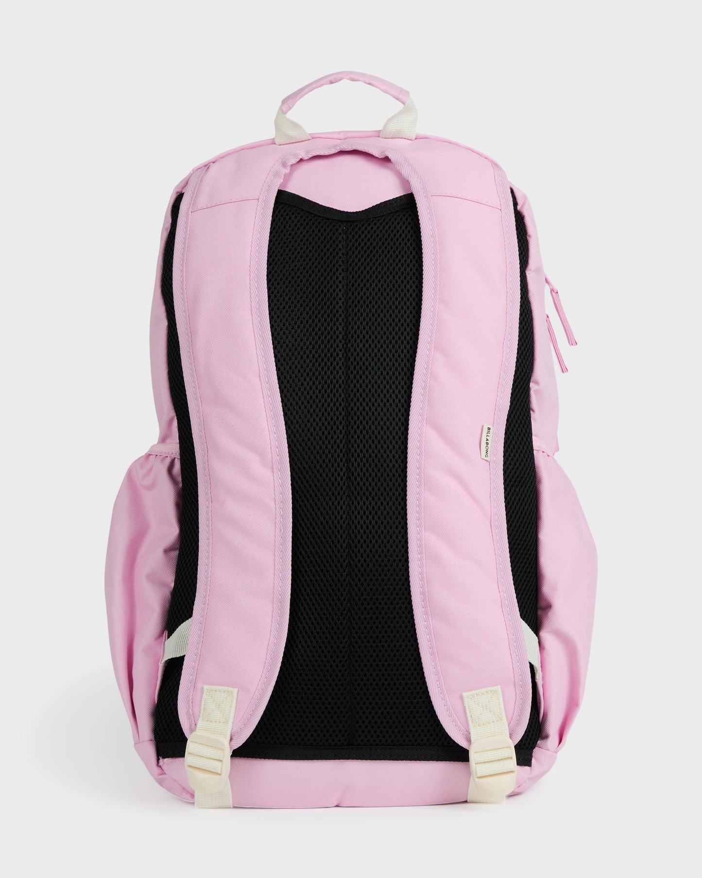 Light pink backpack with black mesh back panel, padded shoulder straps, and cream-colored buckle straps.