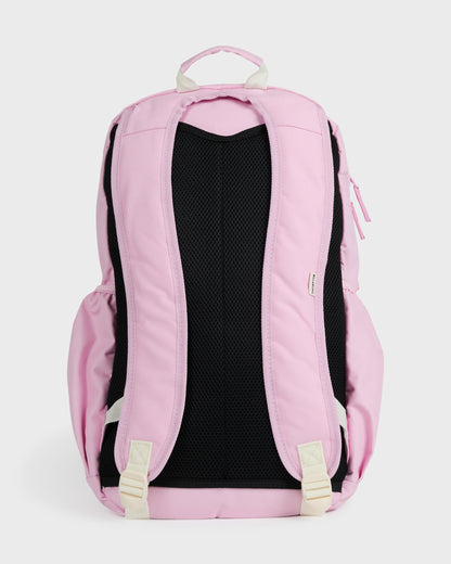 Light pink backpack with black mesh back panel, padded shoulder straps, and cream-colored buckle straps.