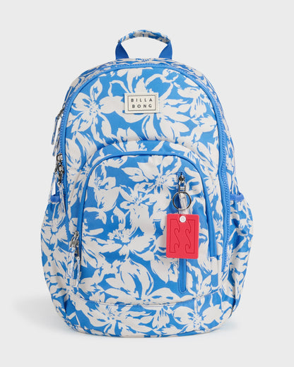 Blue and white floral patterned backpack with padded straps, front pocket, and red keychain attachment.