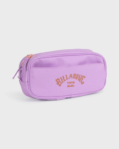 Light purple pencil pouch with "Billabong" text and logo, featuring a top zipper and carrying handle.