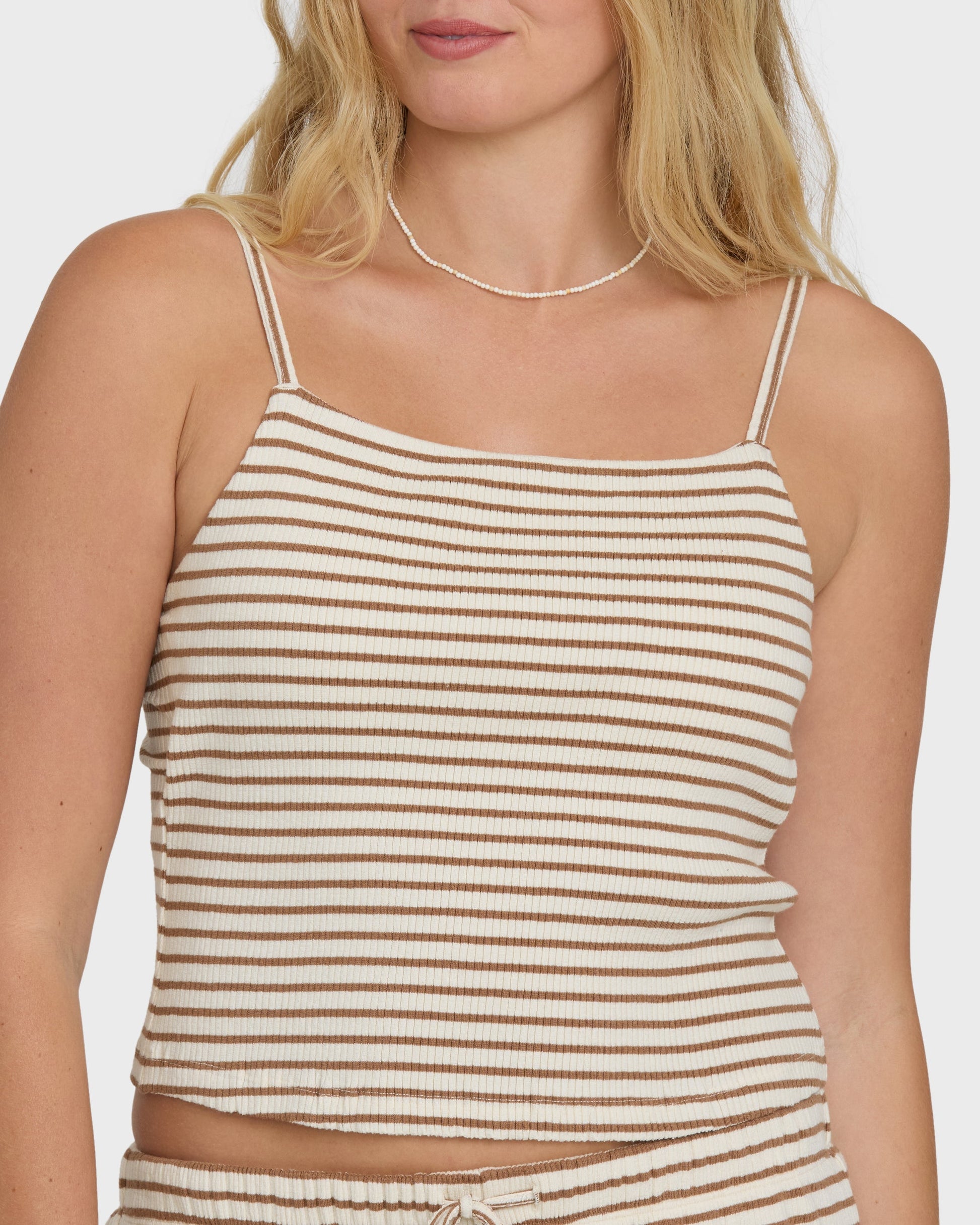 Brown and cream striped ribbed tank top with thin adjustable straps.