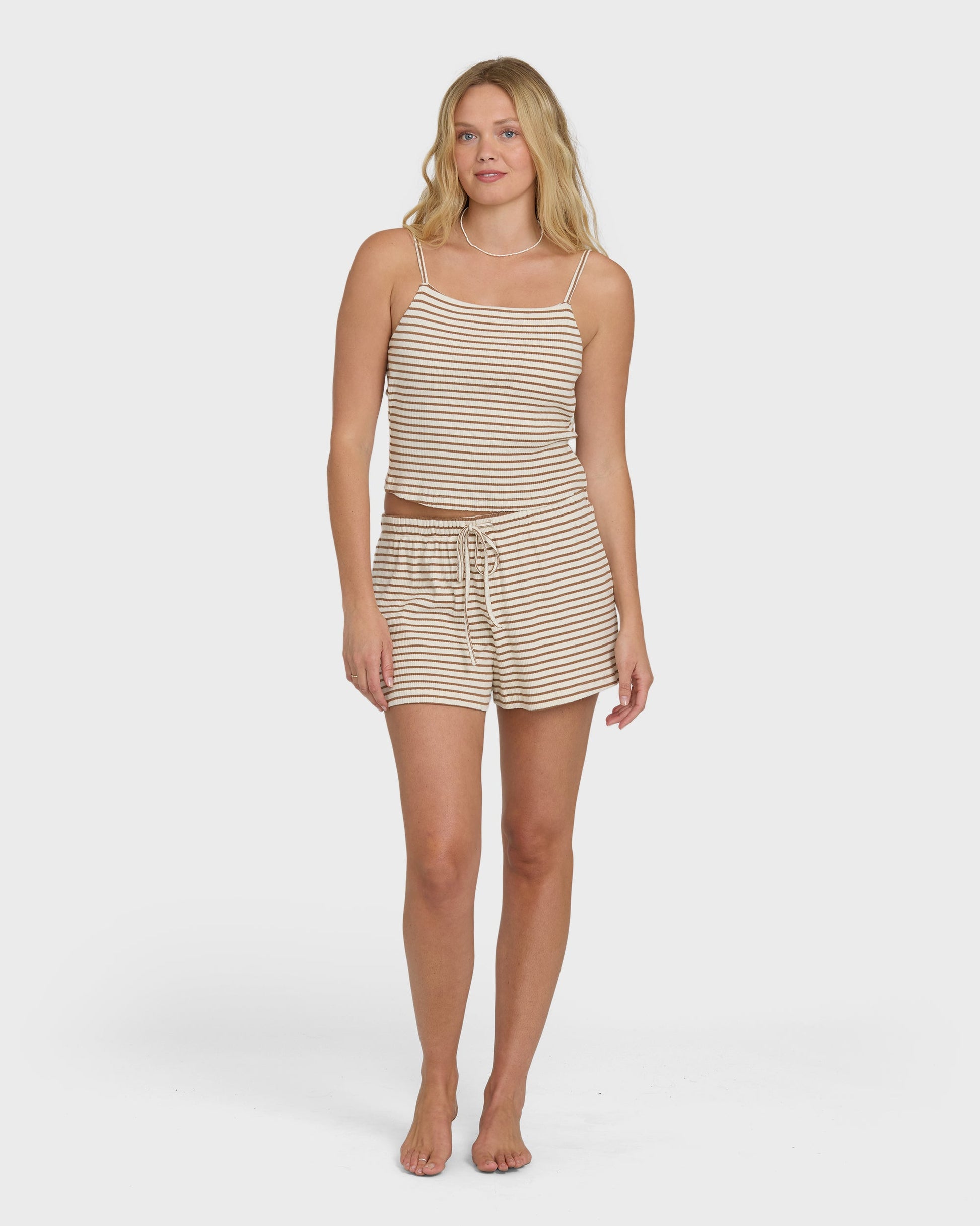 Brown and cream striped knit shorts with matching camisole top and drawstring waist.