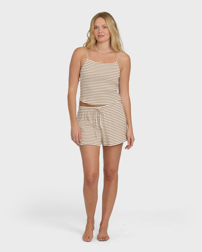 Brown and cream striped knit shorts with matching camisole top and drawstring waist.