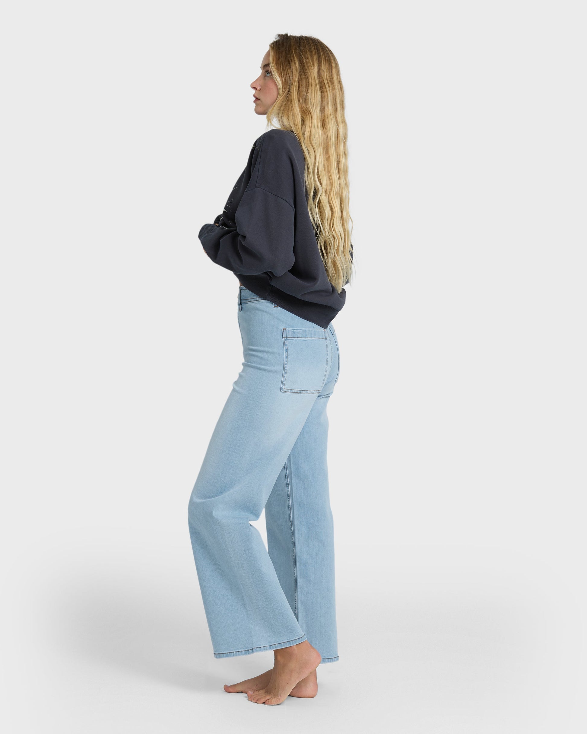Light blue high-waist denim pants with straight leg fit, shown from the side on a model wearing a dark navy sweatshirt.