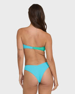 Blue ribbed V-hike bikini bottoms with high-cut sides, back view.