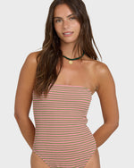 Cedar-toned one-piece swimsuit with pink and green horizontal stripes and strapless neckline.