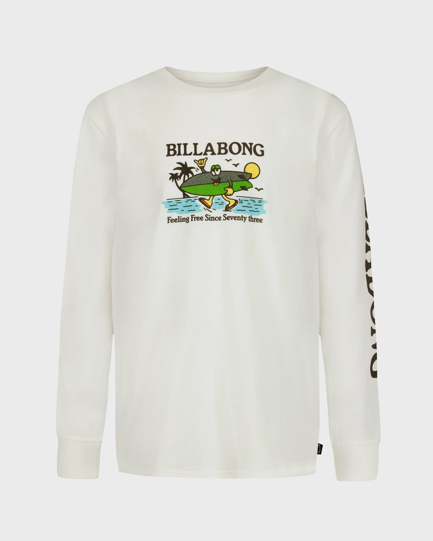 White long-sleeve shirt with Billabong graphic design on a white background