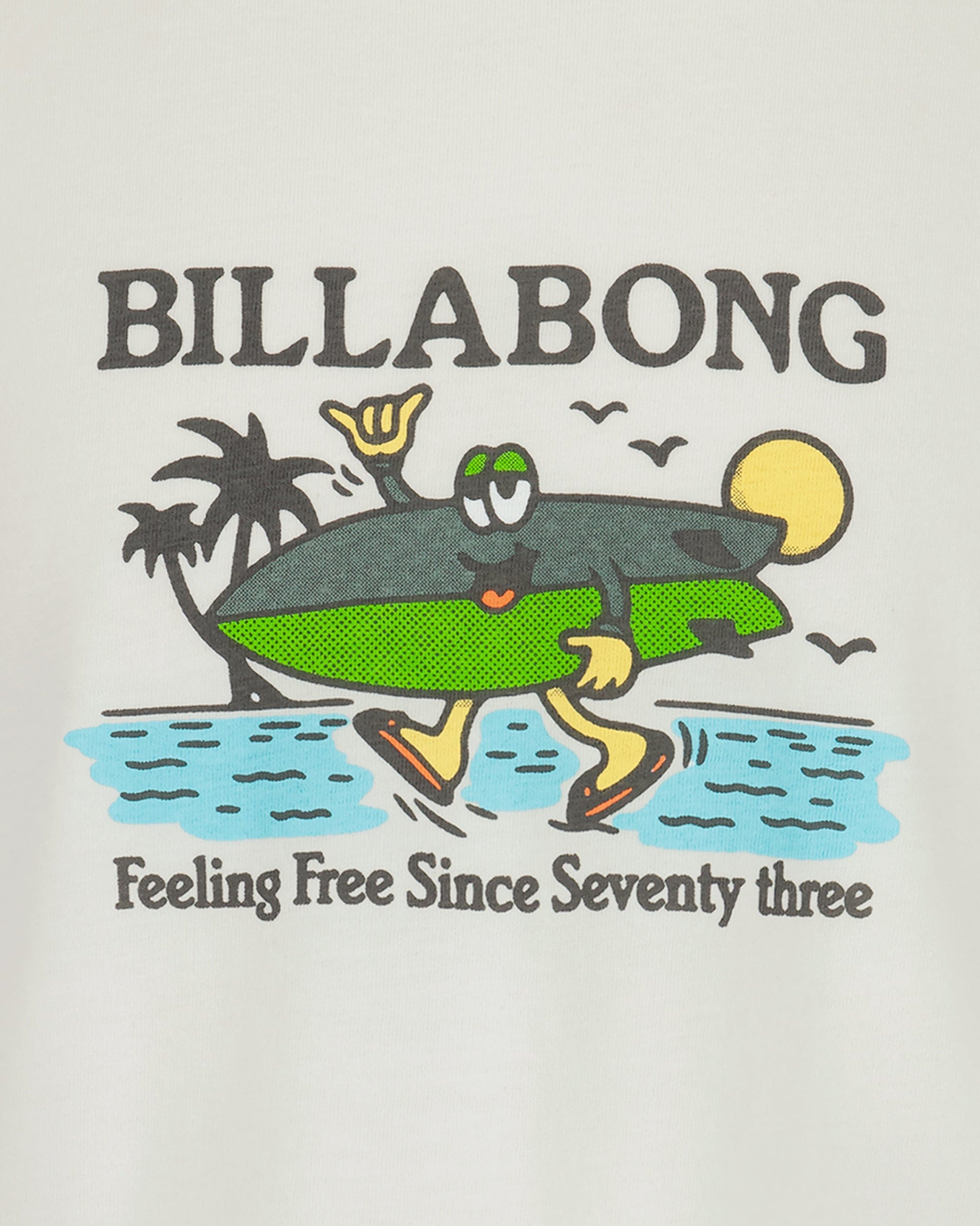 Billabong logo with a cartoon crocodile holding a surfboard and palm trees on a light gray background.