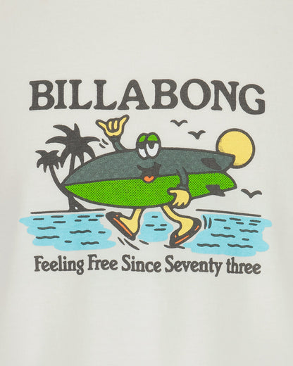 Billabong logo with a cartoon crocodile holding a surfboard and palm trees on a light gray background.
