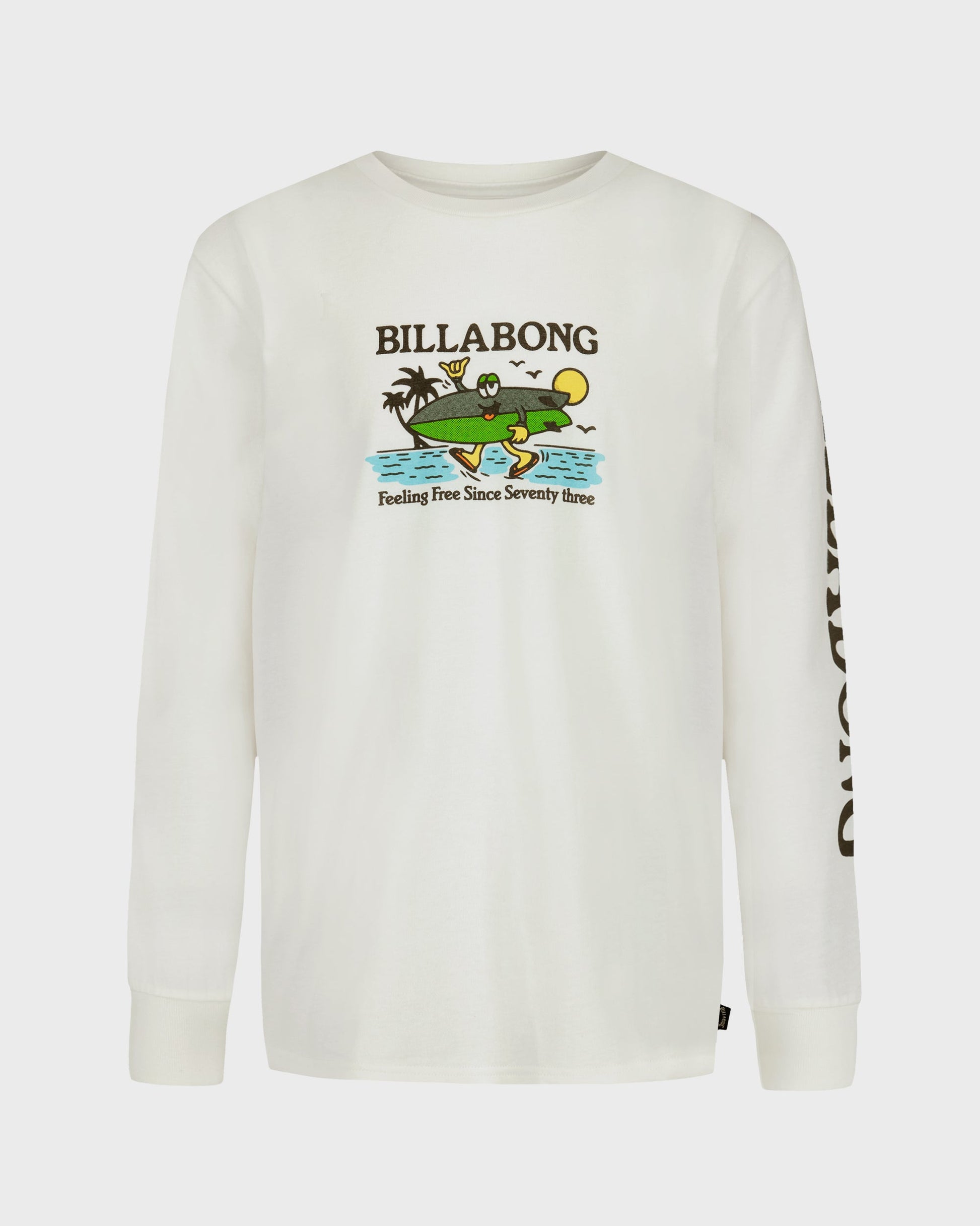 White long-sleeve shirt with Billabong graphic design on a white background