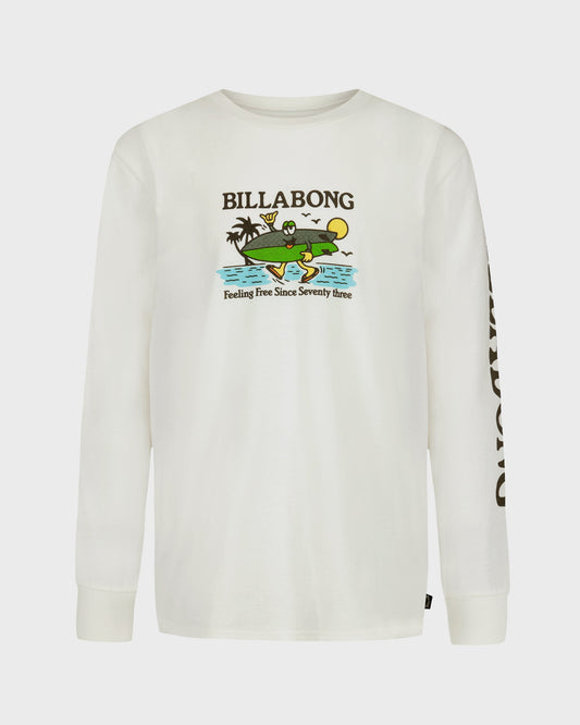White long-sleeve shirt with Billabong graphic design on a white background