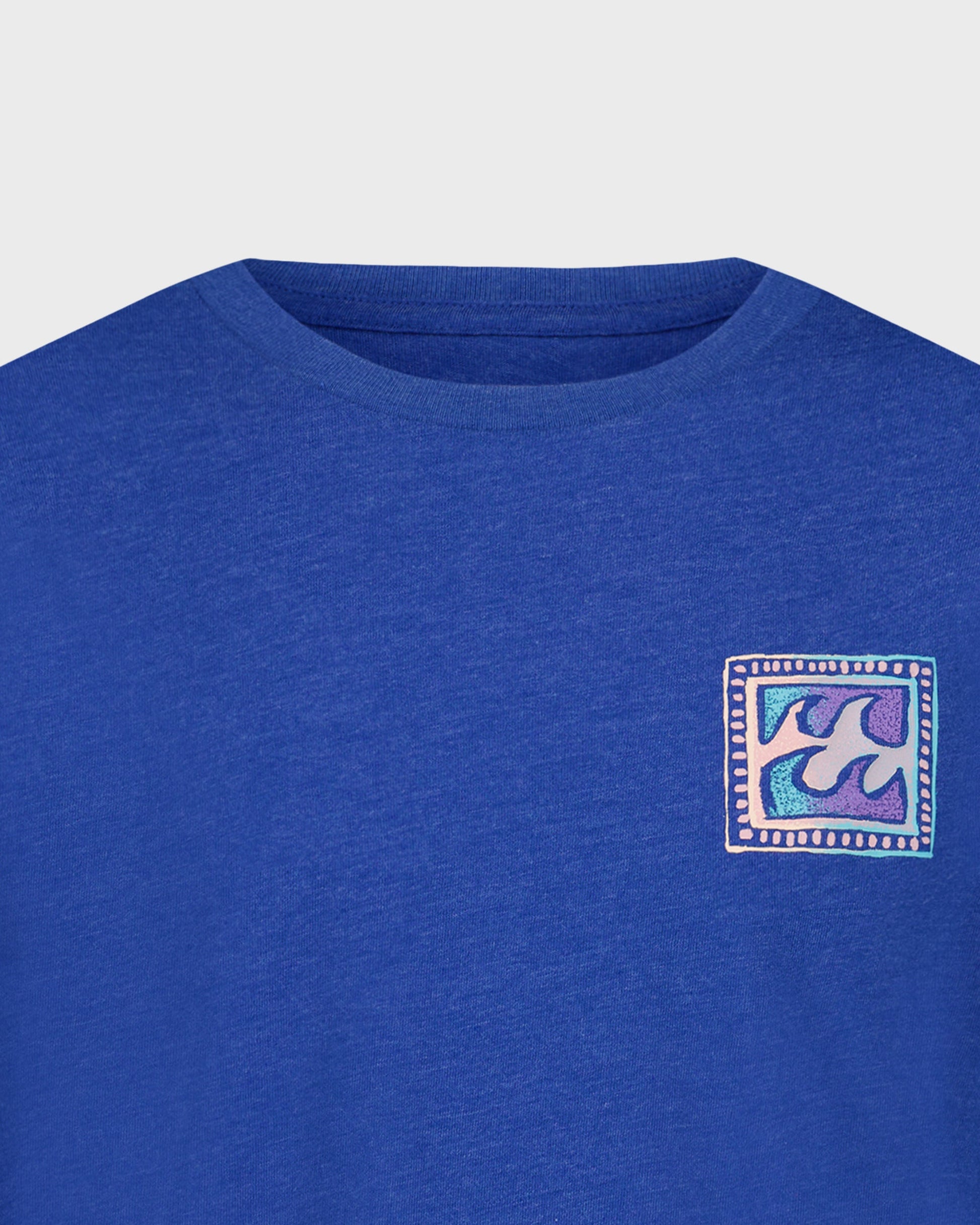 Blue crewneck tee with a square Billabong wave graphic at the chest