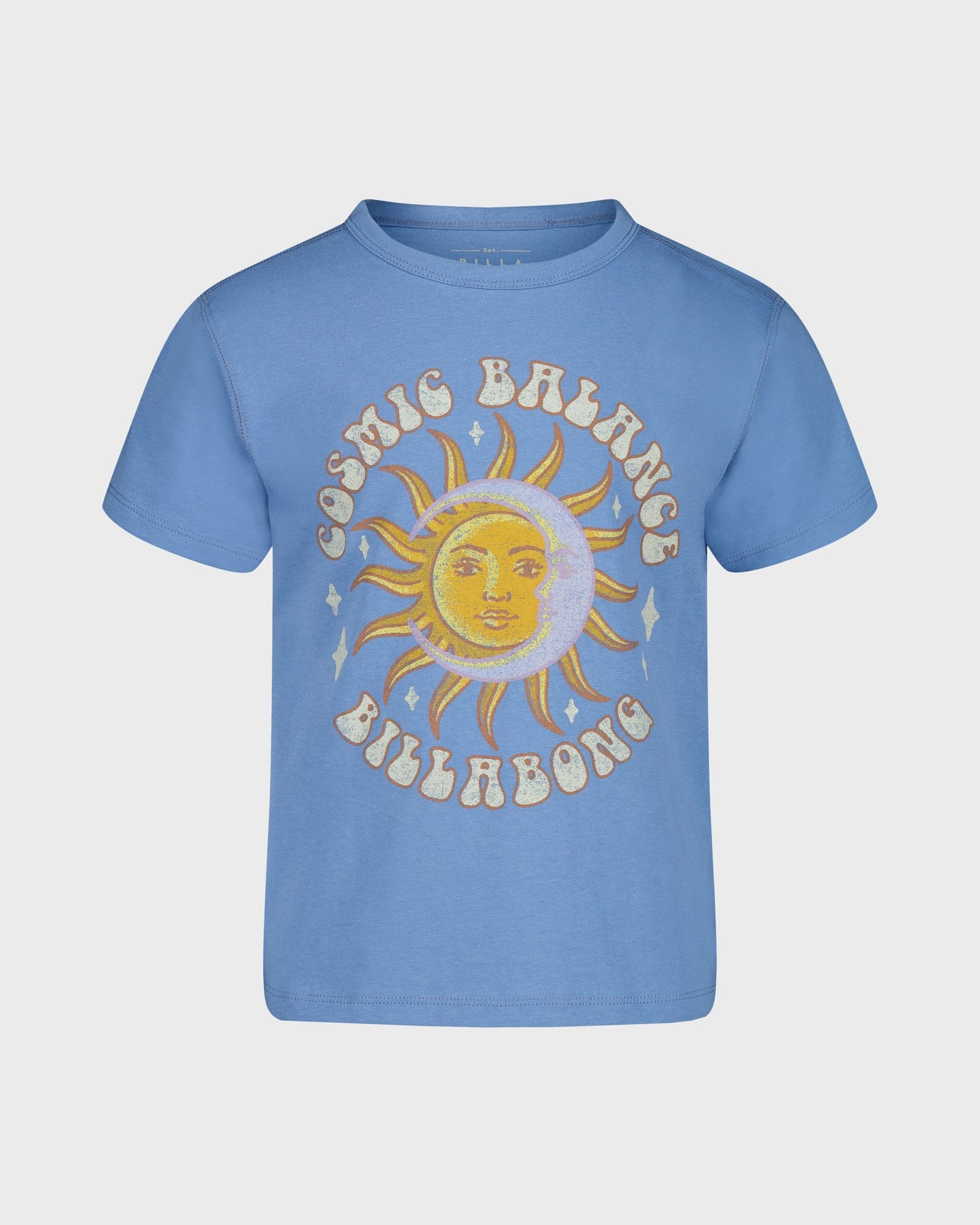 Blue t-shirt with a sun graphic and 'Billabong' text on a white background