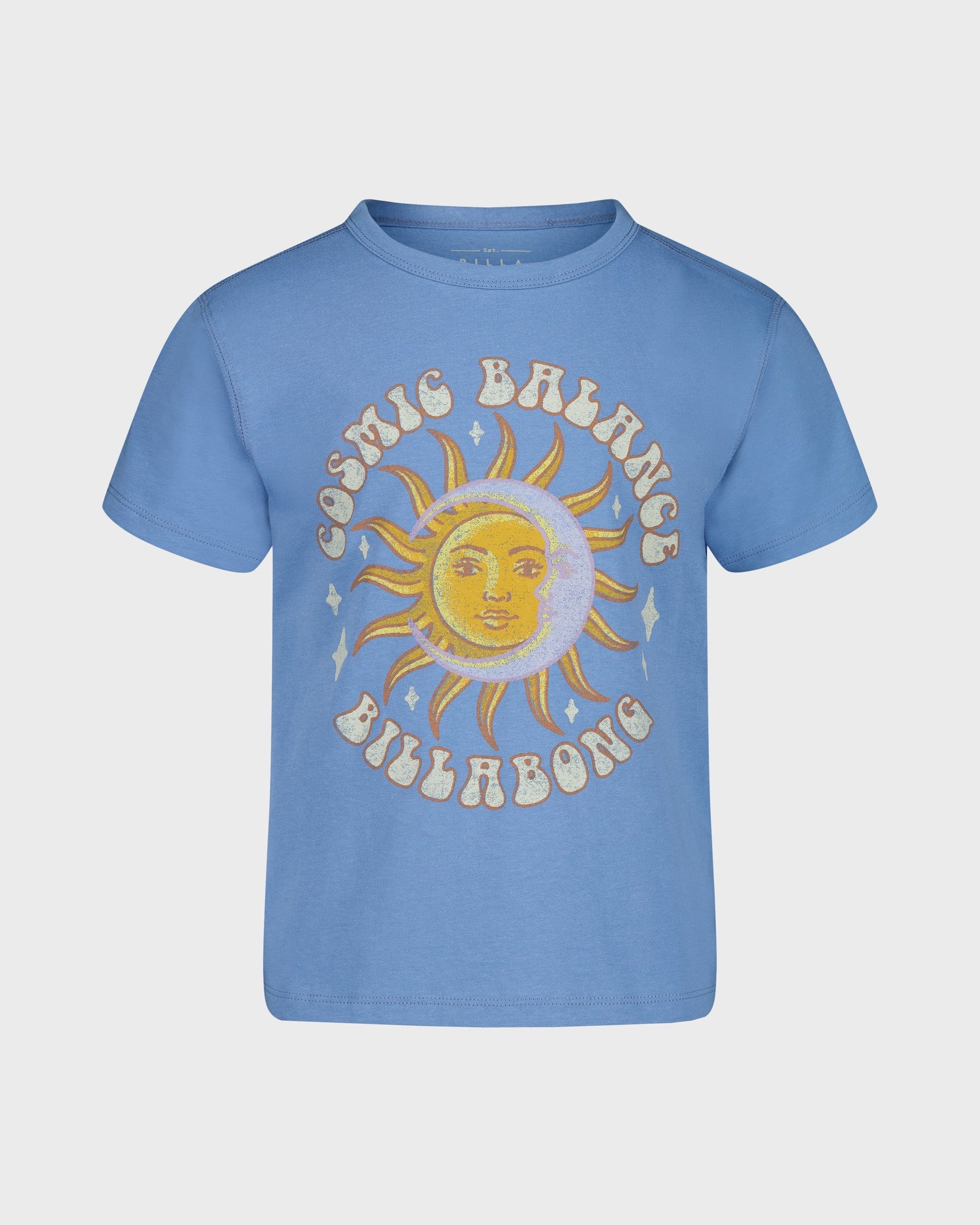 Blue t-shirt with a sun graphic and 'Billabong' text on a white background