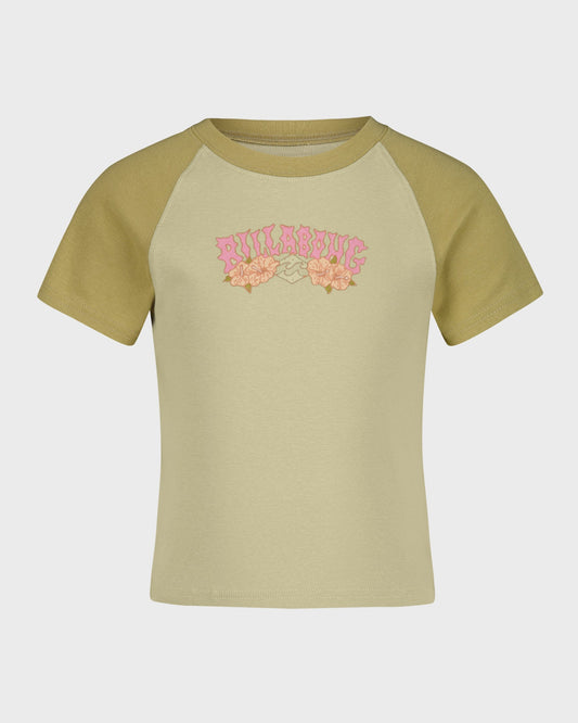 Beige and green baseball shirt with floral design and text on a white background