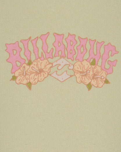 Embroidered Billabong logo with pink text and floral designs on a beige background