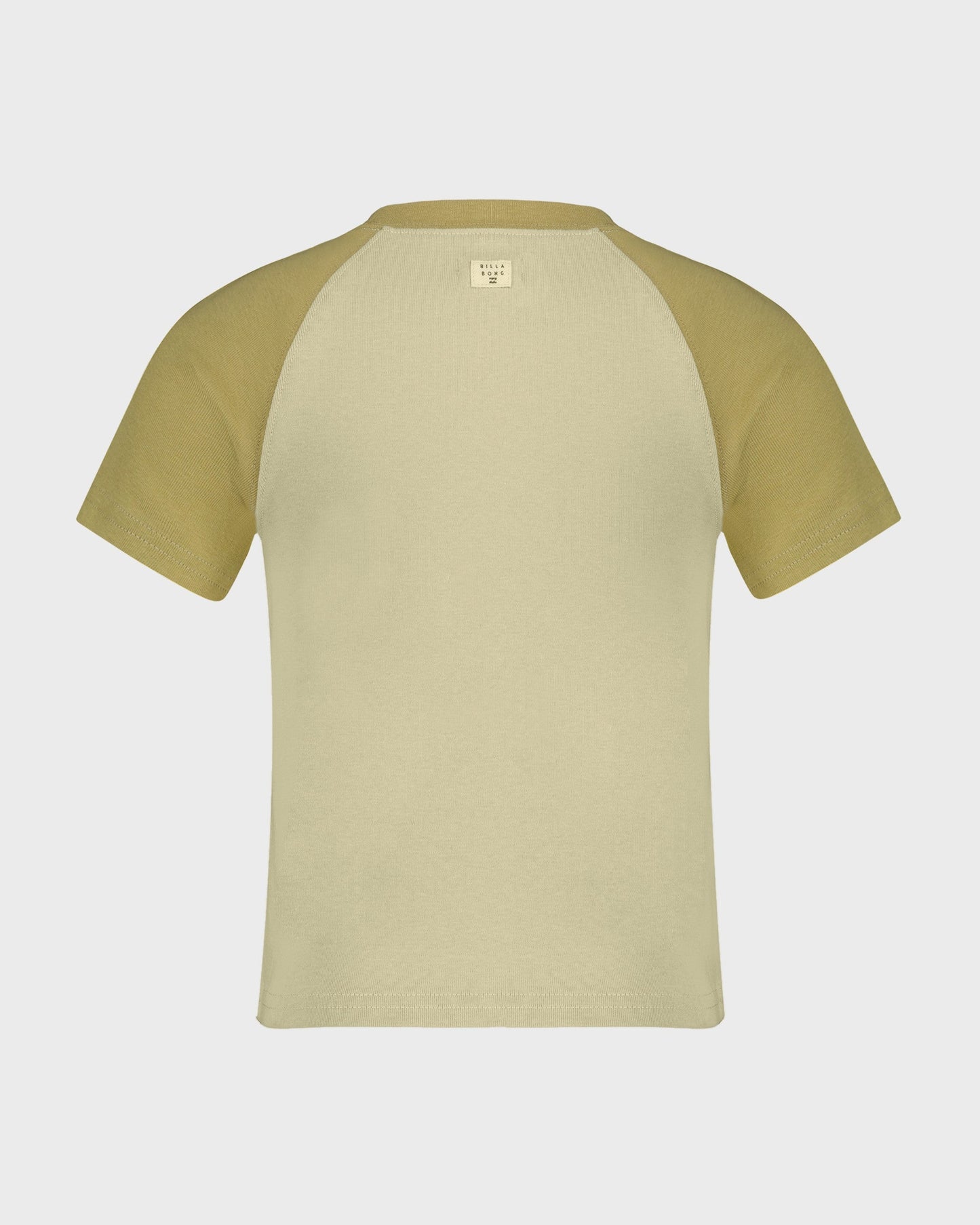 Two-tone t-shirt with green sleeves and beige body on a white background