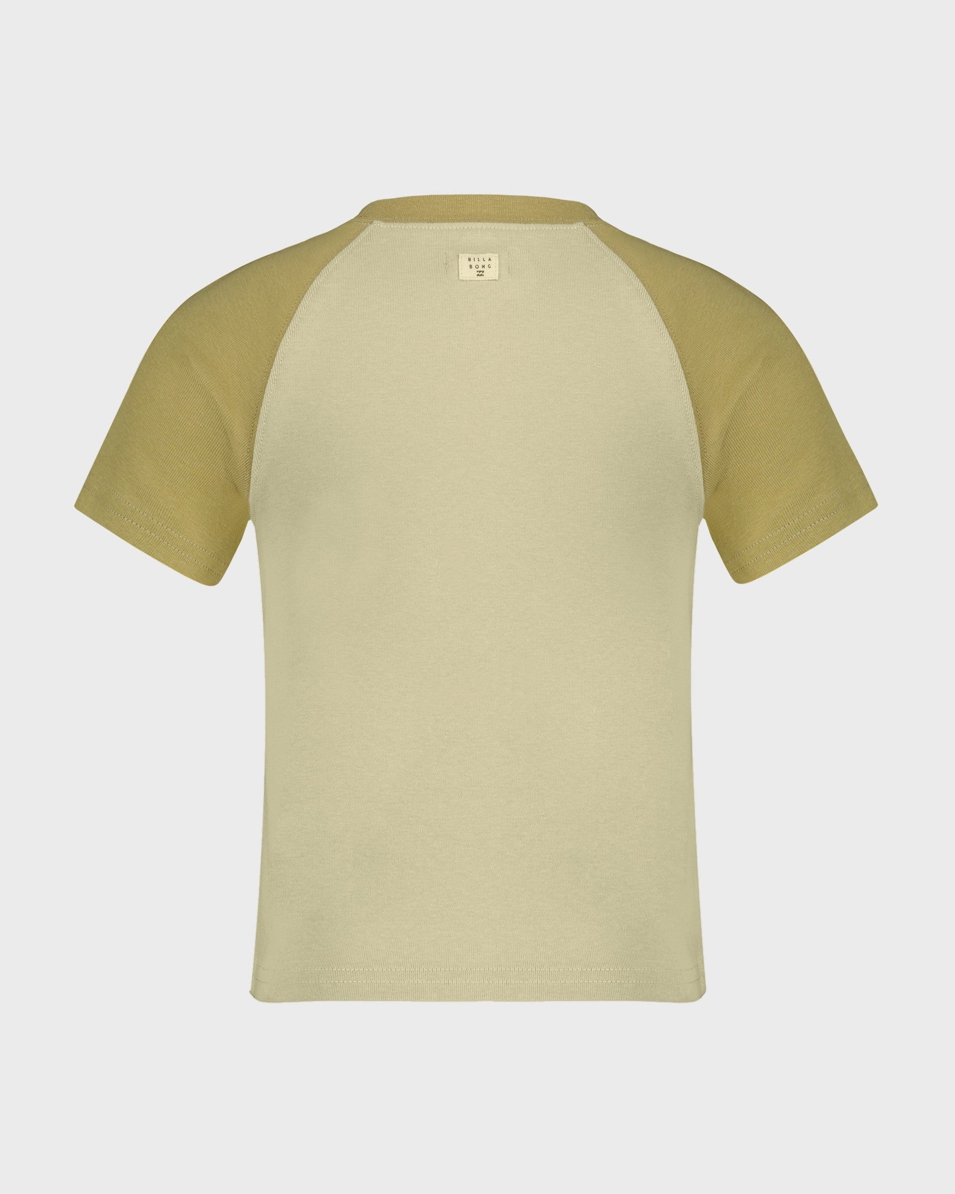 Two-tone t-shirt with green sleeves and beige body on a white background