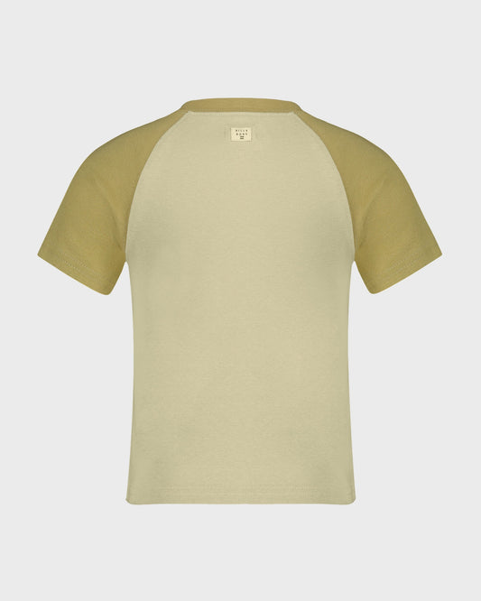 Two-tone t-shirt with green sleeves and beige body on a white background