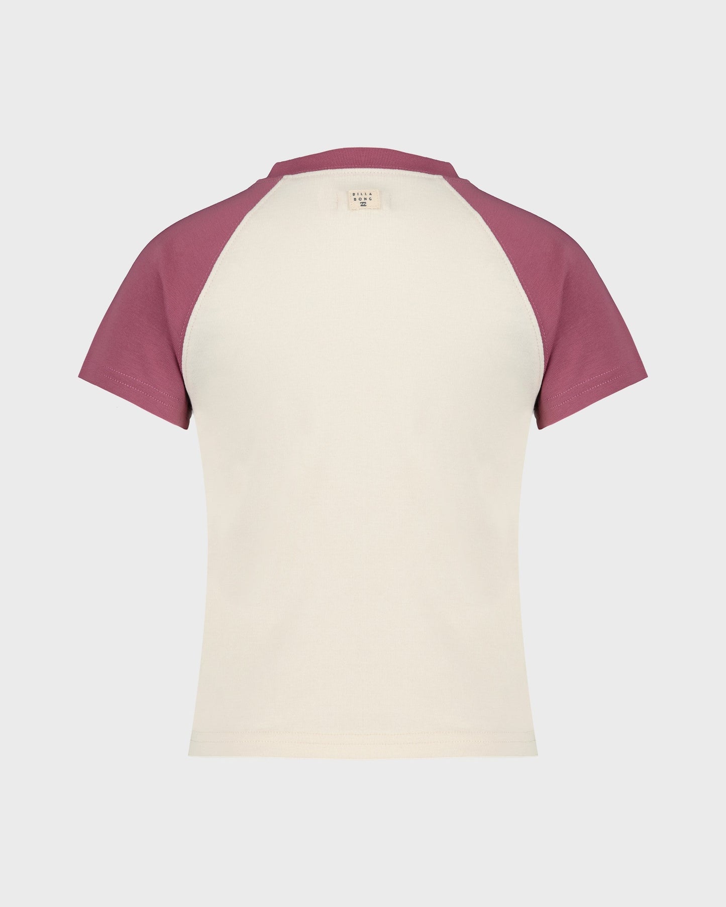 Two-tone t-shirt with maroon sleeves and cream body on a light gray background