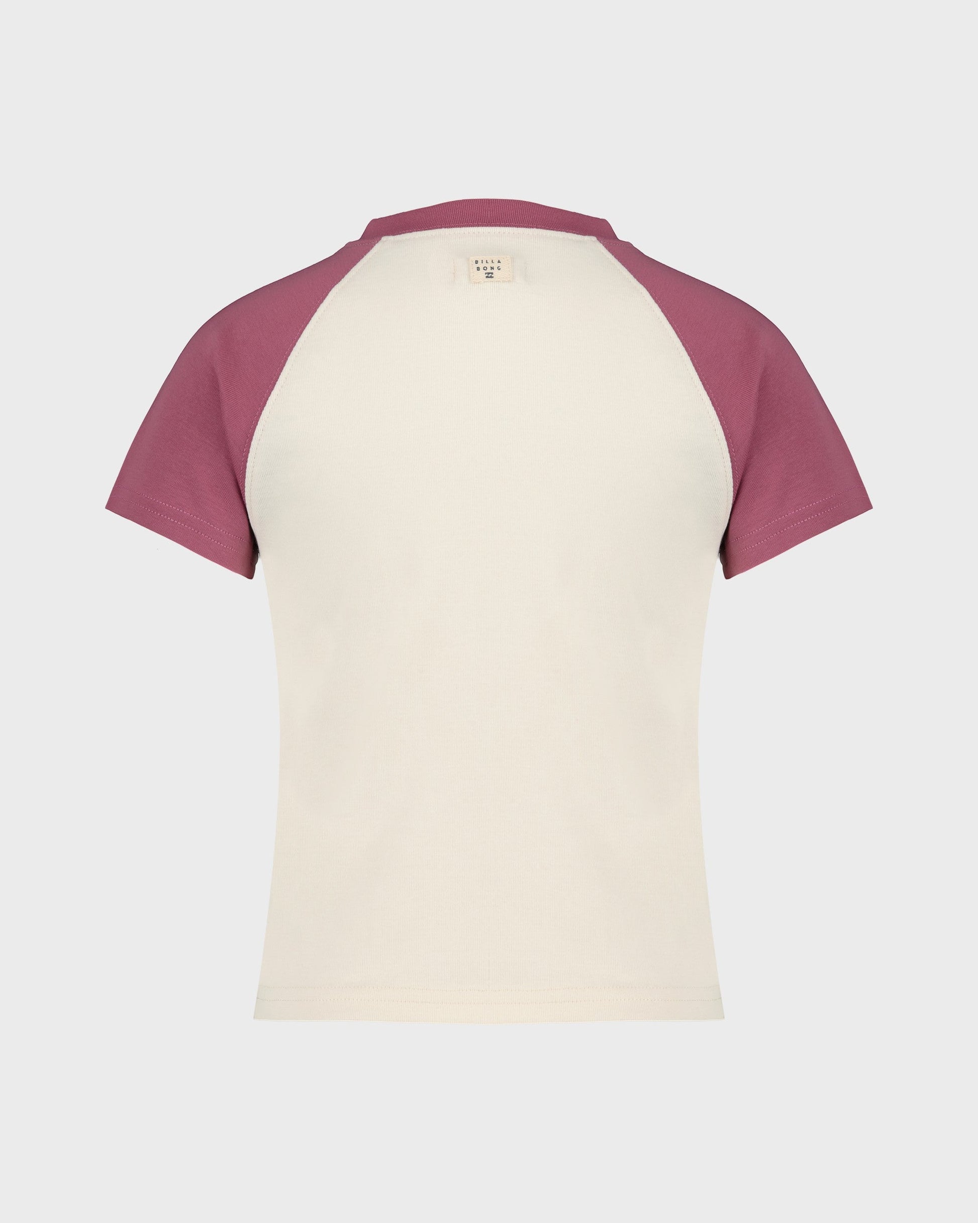 Two-tone t-shirt with maroon sleeves and cream body on a light gray background