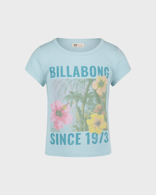 Light blue t-shirt with Billabong logo and floral design on a light gray background