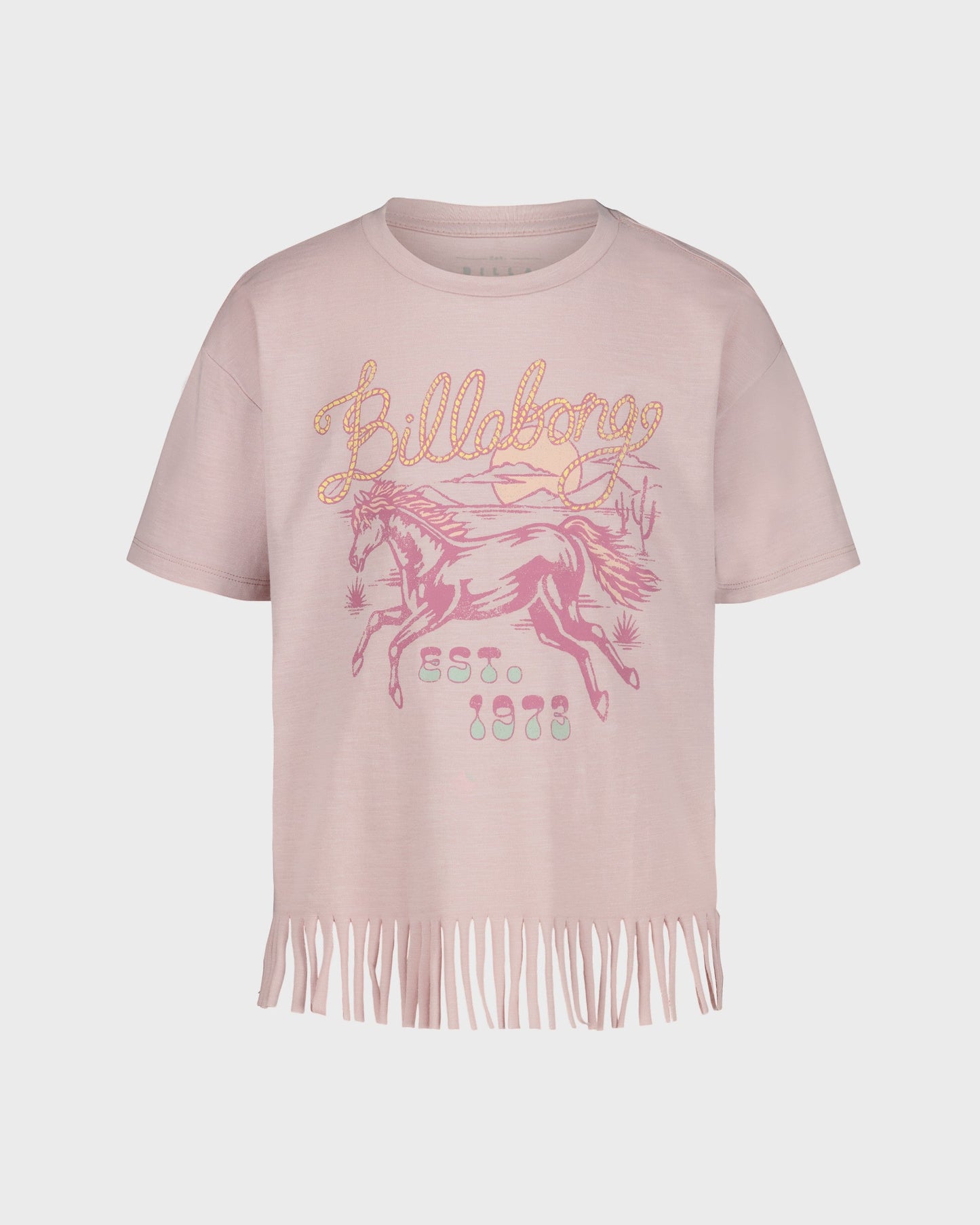 Pink t-shirt with fringes and graphic design on a white background