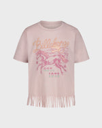 Pink t-shirt with fringes and graphic design on a white background
