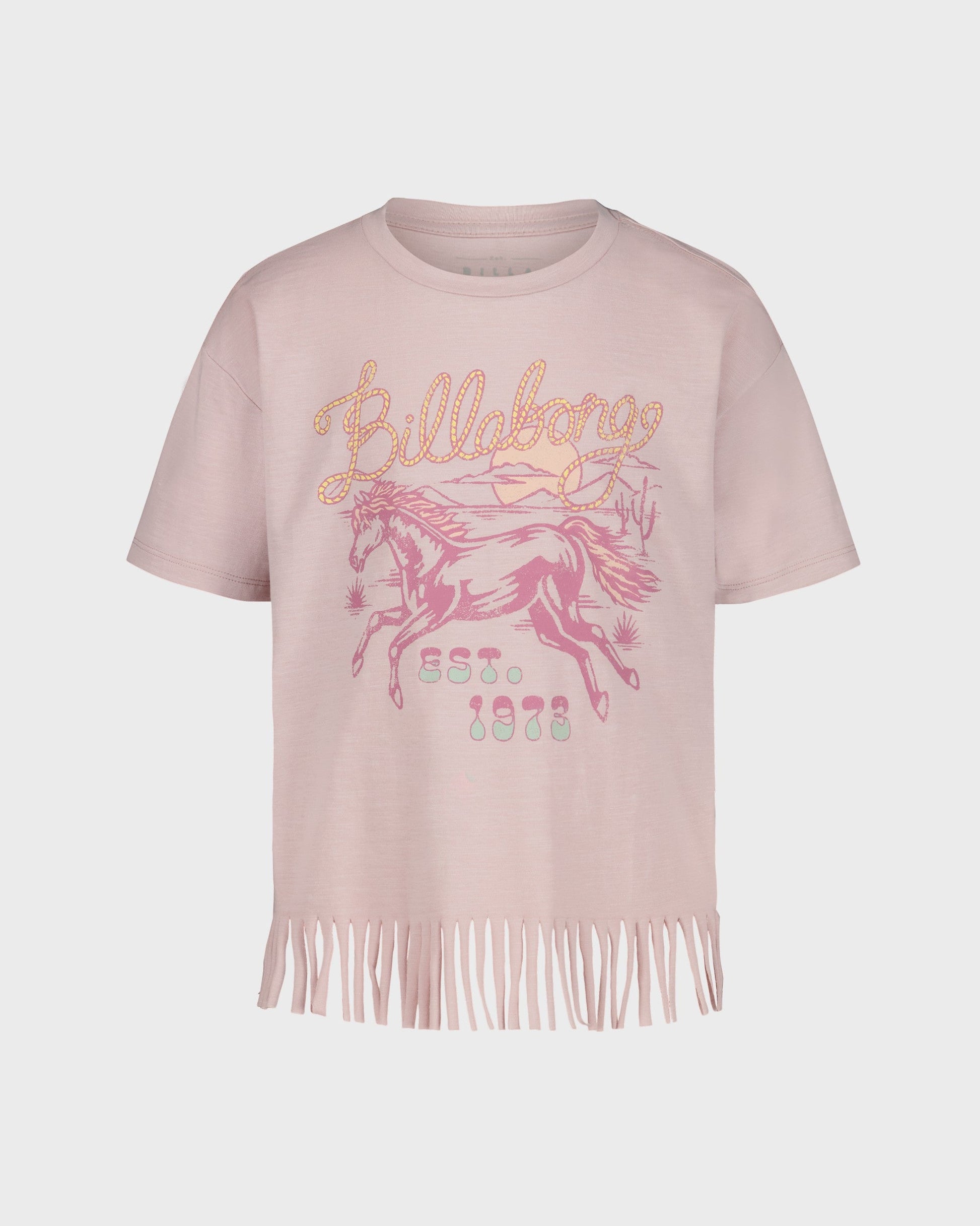 Pink t-shirt with fringes and graphic design on a white background