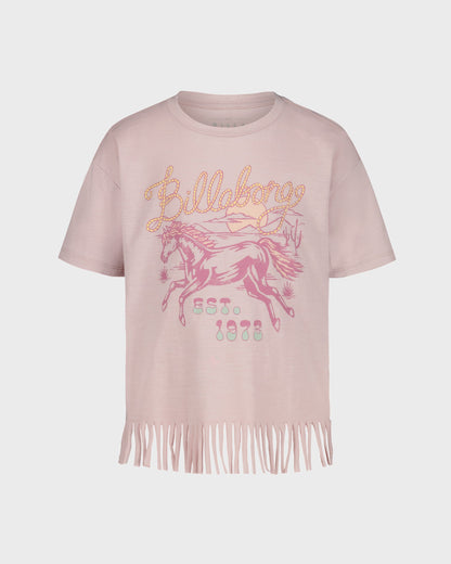 Pink t-shirt with fringes and graphic design on a white background