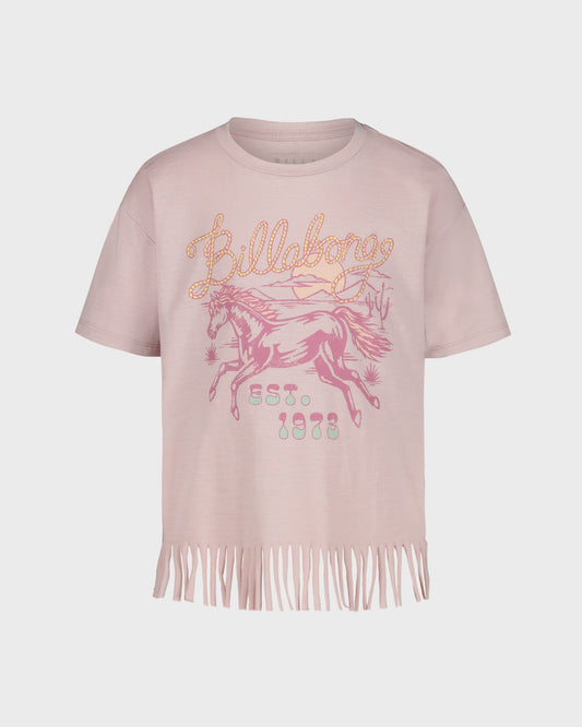 Pink t-shirt with fringes and graphic design on a white background